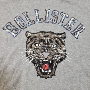 Hollister Crop SS Tee Sequin Logo & Tiger Grey - Size Small Slim